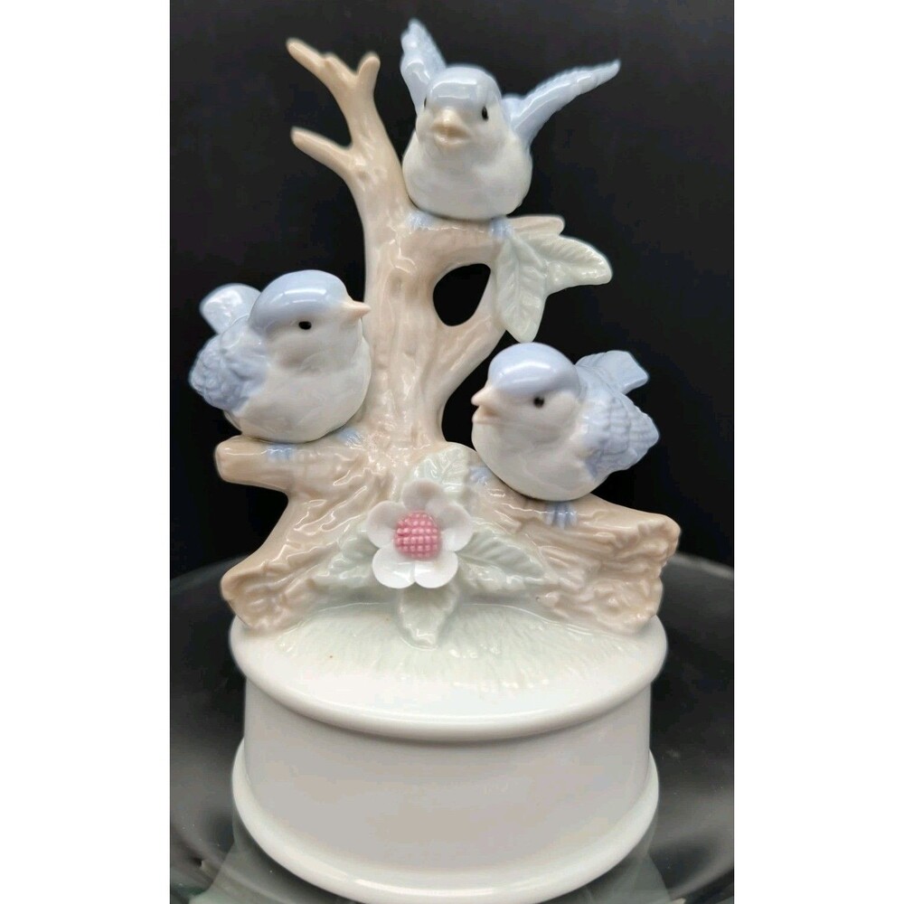 Vtg Figurine Three Bluebirds On Branch Flower